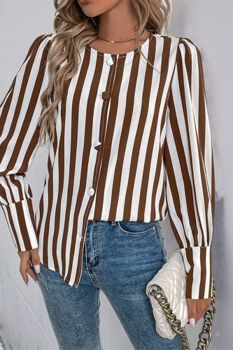 Casual Stripe Buttons Contrast O Neck Tops