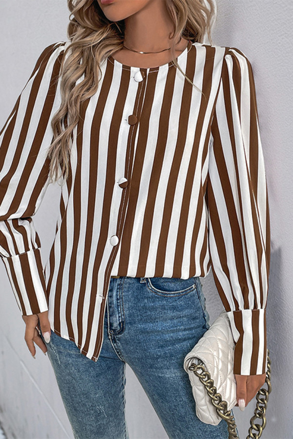 Casual Stripe Buttons Contrast O Neck Tops