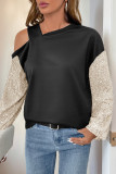 Sexy Solid Color Sequins Patchwork Sequined Oblique Collar Tops