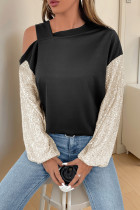 Sexy Solid Color Sequins Patchwork Sequined Oblique Collar Tops