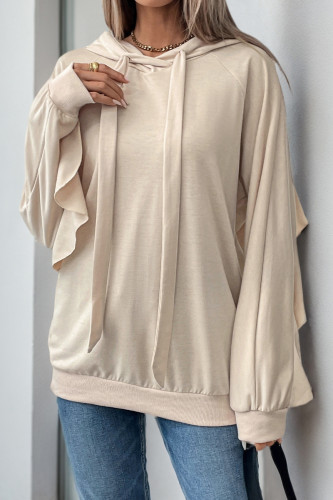 Casual Solid Color Draw String Ruffle Hooded Tops