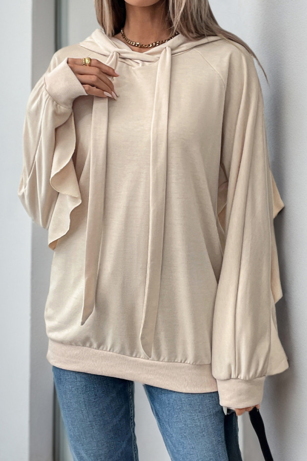 Casual Solid Color Draw String Ruffle Hooded Tops