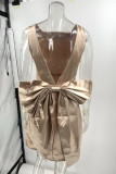 Sexy Party Solid Color Backless Bow Decor Square Neck Sleeveless Dresses