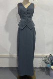 Solid Color Pocket Buttons Strap Design V Neck Sleeveless Two Pieces
