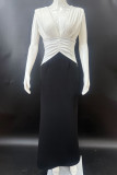 Sexy Solid Color Backless Ruched Contrast V Neck Long Dresses