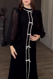Elegant Solid Color Bow Decor Contrast Half A Turtleneck Long Dresses