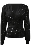 Sexy Solid Color Ruched Sequined V Neck Tops