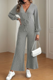 Casual Street Solid Color Lace Up Potholes V Neck Loose Jumpsuits