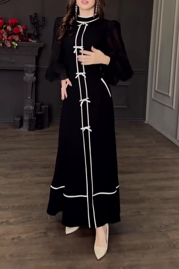 Elegant Solid Color Bow Decor Contrast Half A Turtleneck Long Dresses