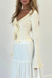 Casual Solid Color Hollow Out Lace Up Stringy Selvedge V Neck Tops