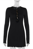 Sexy Street Solid Color Hollow Out O Neck Long Sleeve Dresses