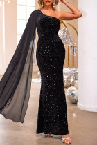 Sexy Solid Color Sequins Sequined Irregular Sloping Shoulder Evening Dresses