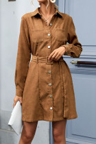 Daily Elegant Solid Color Buckle With Belt Turndown Collar Long Sleeve Dresses