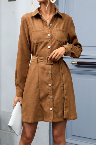 Daily Elegant Solid Color Buckle With Belt Turndown Collar Long Sleeve Dresses