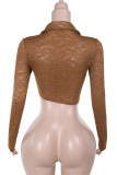 Sexy Solid Color Lace See-Through Strap Design Turndown Collar Tops