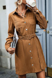 Daily Elegant Solid Color Buckle With Belt Turndown Collar Long Sleeve Dresses