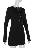 Sexy Street Solid Color Hollow Out O Neck Long Sleeve Dresses