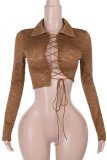 Sexy Solid Color Lace See-Through Strap Design Turndown Collar Tops