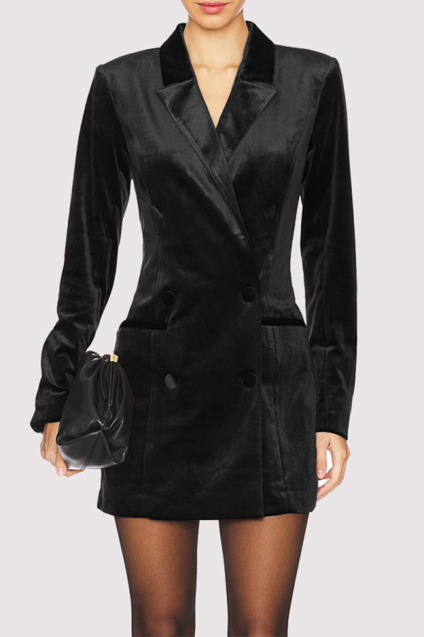 Sexy Solid Color Buttons Velvet Turn-back Collar Suit Dresses