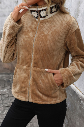 Casual Daily Solid Color Embroidered Pocket Zipper Fluffy Turndown Collar Outerwear