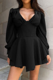 Sexy Solid Color Patchwork V Neck Waist Skirt Dresses