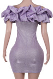Sexy Solid Color Ruched Sequined Off Shoulder Wrapped Skirt Dresses