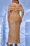 Sexy Prom Solid Color Sequins Ruched Cardigan Off Shoulder Evening Plus Size Dresses