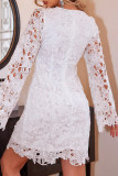 Elegant Solid Color Lace Hollow Out O Neck Lace Dress Dresses