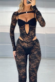 Sexy Solid Color Lace See-Through V Neck Skinny Jumpsuits