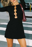 Sexy Street Solid Color Hollow Out O Neck Long Sleeve Dresses
