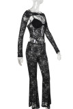 Sexy Solid Color Lace See-Through V Neck Skinny Jumpsuits