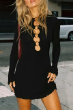 Sexy Street Solid Color Hollow Out O Neck Long Sleeve Dresses