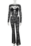 Sexy Solid Color Lace See-Through V Neck Skinny Jumpsuits