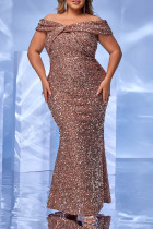 Sexy Prom Solid Color Sequins Sequined Zipper Off Shoulder Evening Plus Size Dresses
