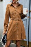 Daily Elegant Solid Color Buckle With Belt Turndown Collar Long Sleeve Dresses