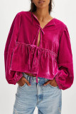 Casual Daily Solid Color Lace Up Velvet Turndown Collar Tops