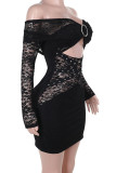 Sexy Solid Color Hollow Out See-Through Backless Off Shoulder Wrapped Skirt Dresses