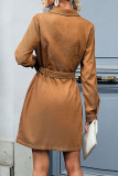 Daily Elegant Solid Color Buckle With Belt Turndown Collar Long Sleeve Dresses