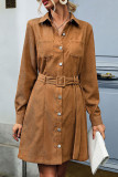 Daily Elegant Solid Color Buckle With Belt Turndown Collar Long Sleeve Dresses