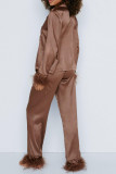 Daily Solid Color Buttons Feather Trim Sleepwear