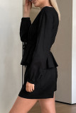 Casual Daily Solid Color Draw String V Neck Long Sleeve Two Pieces