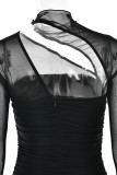 Sexy Solid Color Ruched Mesh O Neck One Step Skirt Dresses
