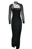 Sexy Solid Color Ruched Mesh O Neck One Step Skirt Dresses