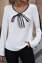 Casual Daily Solid Color Lace Up Contrast O Neck Tops
