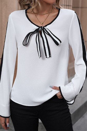 Casual Daily Solid Color Lace Up Contrast O Neck Tops