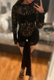 Sexy Solid Color Lace See-Through O Neck Lace Dress Dresses