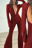Sexy Street Solid Color Backless V Neck Skinny Jumpsuits