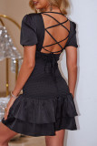 Sexy Solid Color Ruffle Ruched Strap Design V Neck Waist Skirt Dresses