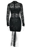 Sexy Solid Color Lace See-Through O Neck Lace Dress Dresses