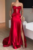 Sexy Prom Solid Color Slit Ruched Strapless Evening Dresses